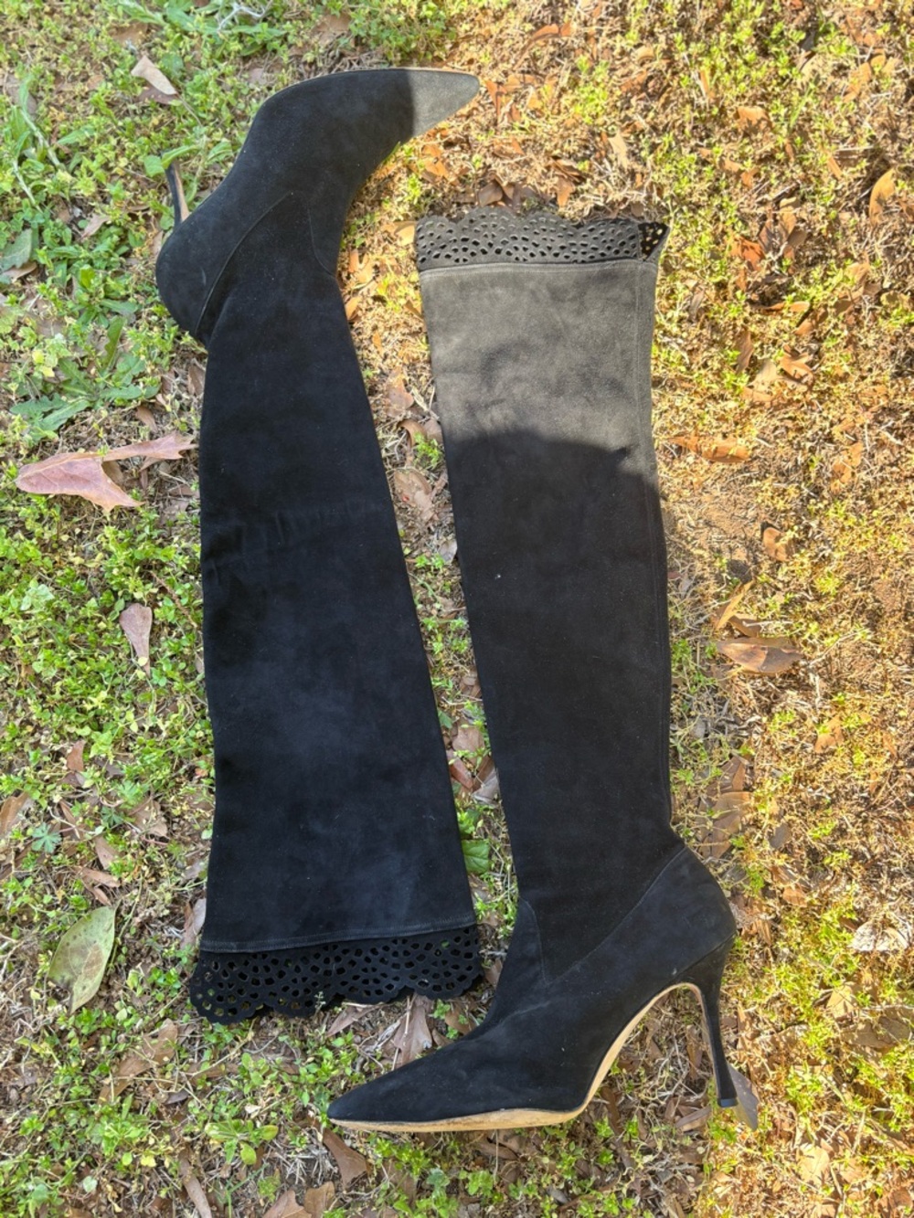 Manolo Blahnik Black Suede Over-the-Knee Pointed-Toe Stiletto Boots